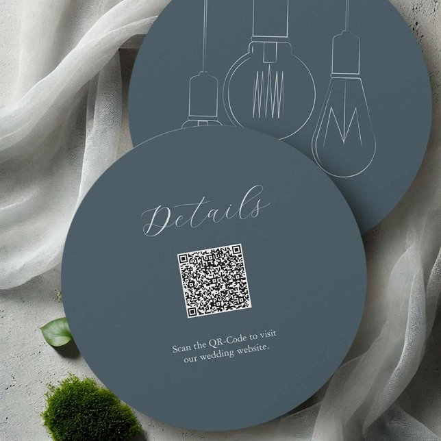 Graue Details QR Code Card Industrial Chic Wedding Einladung (Industrial chic wedding stationery details card Edison bulb art by Victoria Grigaliunas DoTellABelle)