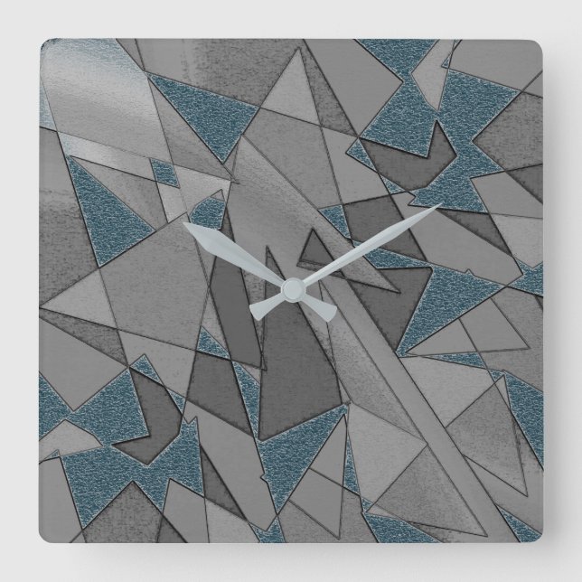 Graue Dreiecksausschnitte mit groben dunkelblauen  Quadratische Wanduhr (Vorderseite)