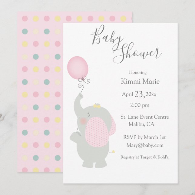 Graue Elephant Balloon Minimalistische Babydusche Einladung (Vorne/Hinten)