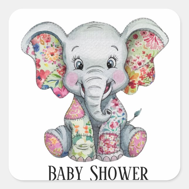 Graue Elephant Sewn Floral Patchwork Kinderdusche Quadratischer Aufkleber (Vorderseite)