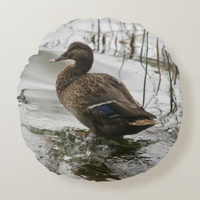 Graue Ente im Dunkeln des Sees Rundes Kissen (Vorderseite)