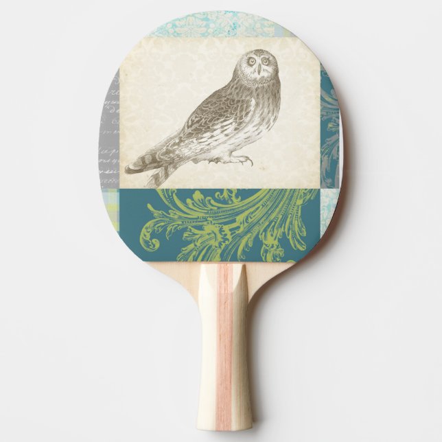 Graue Eule auf Muster-Hintergrund Tischtennis Schläger (Vorderseite)
