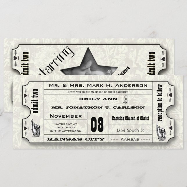 Graue florale Moderne Typografie Ticket Hochzeit Einladung (Vorne/Hinten)