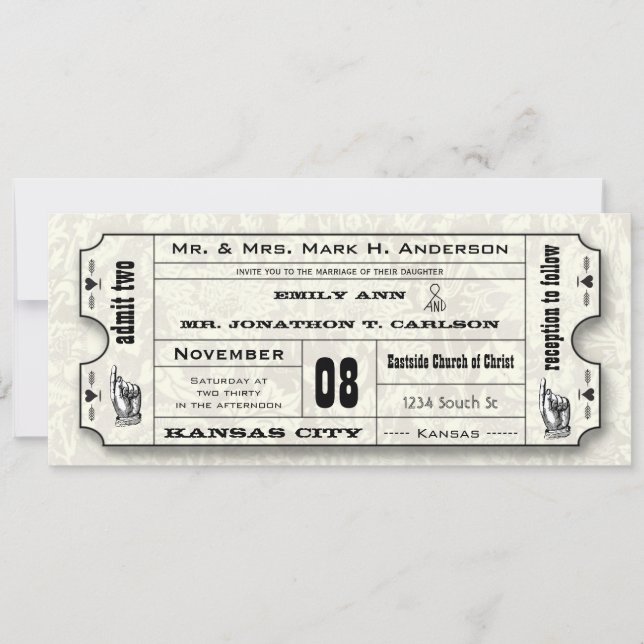 Graue florale Moderne Typografie Ticket Hochzeit Einladung (Vorderseite)
