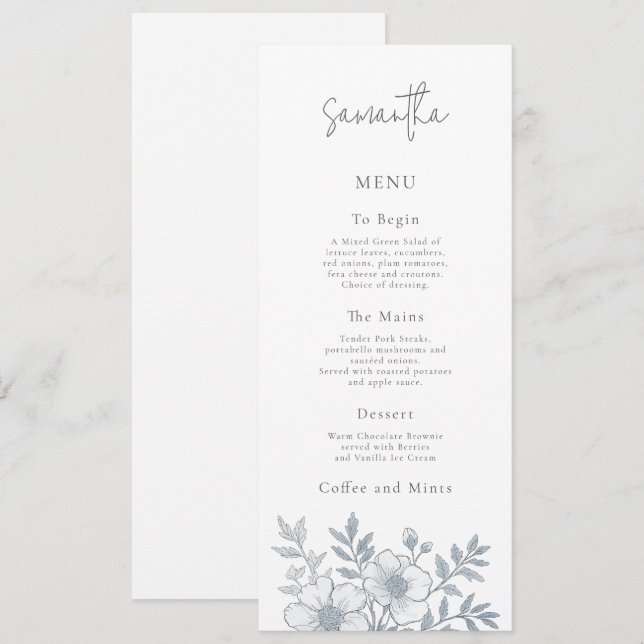 Graue Florals Wedding Menu Card mit Gast Name Einladung (Vorne/Hinten)