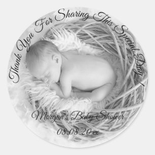 Graue Foto Babydusche Danke, dass ihr Name Runder Aufkleber