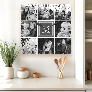 Graue Fotocollage mit Monogramm für die Familie Quadratische Wanduhr