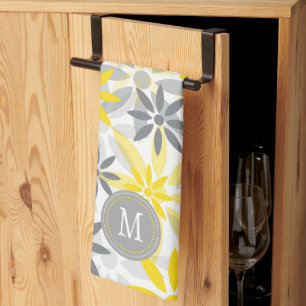 Graue gelbe Blume Grafisches Monogramm Küchentuch