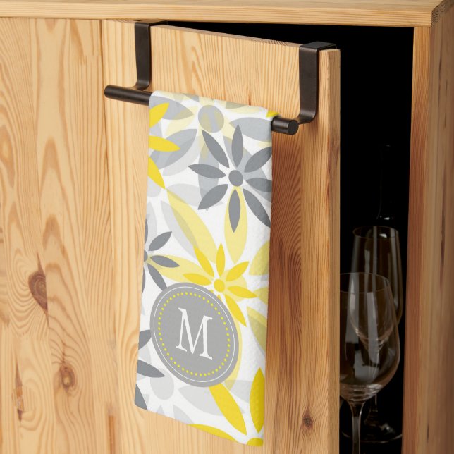 Graue gelbe Blume Grafisches Monogramm Küchentuch (Drittel gefaltet)