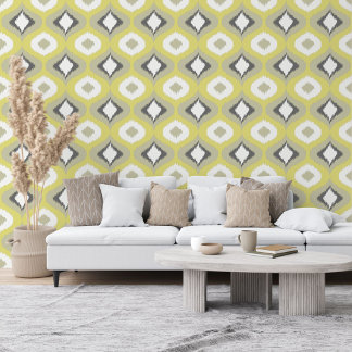 Graue, gelbe Mustard, weißes Ikat-Muster Tapete