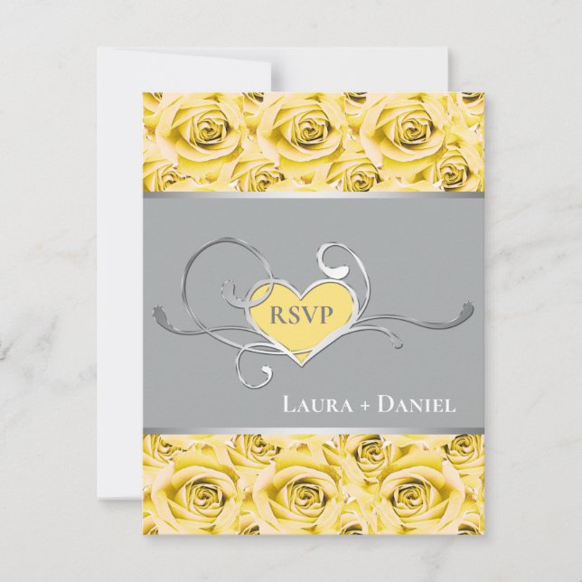 Graue, gelbe Rosen-Hochzeitskarte Einladung (Vorderseite)