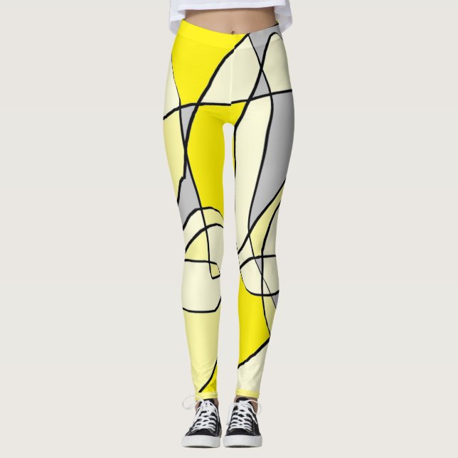 Graue gelbe weiße und schwarze abstrakte Leggings (Vorderseite)