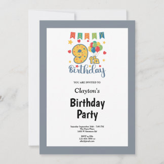 Graue Gerahmte 9. Geburtstagsparty Einladung
