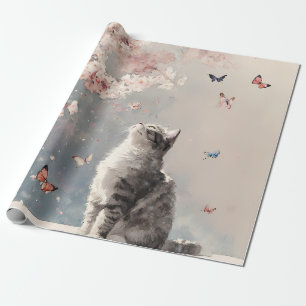 Graue getigerte Katze - Kirschblüten & Schmetterli Geschenkpapier