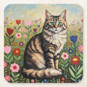 Graue getigerte Katze und volkstümliche Blumen Rechteckiger Pappuntersetzer
