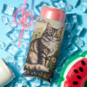 Graue getigerte Katze und volkstümliche Blumen  Selters Dosenkühler