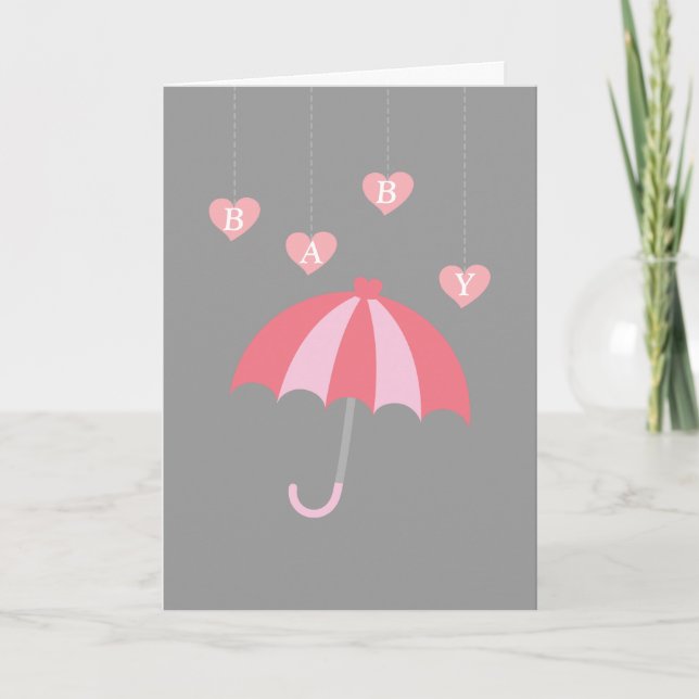 Graue Girl Babydusche mit Liebe und rosa Schirm Einladung (Vorderseite)