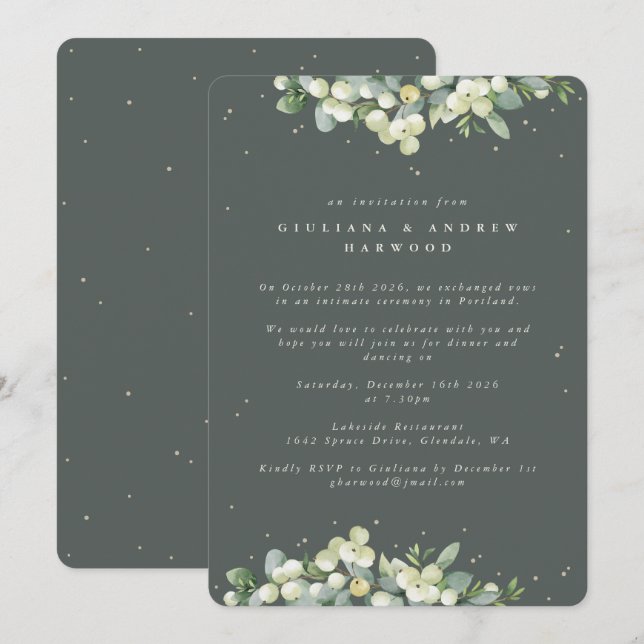 Graue grüne Snowberry+Eukalyptus Hochzeitempfang Einladung (Vorne/Hinten)