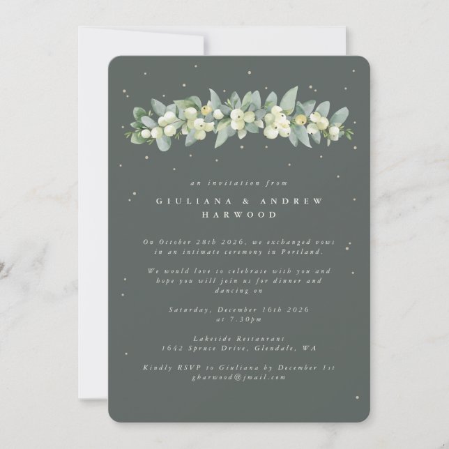 Graue grüne Snowberry+Eukalyptus Hochzeitempfang Einladung (Vorderseite)