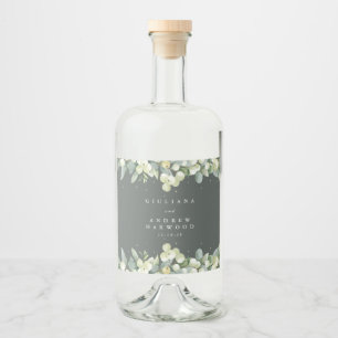 Graue grüne Snowberry+Eukalyptus Winter Wedding Alkoholflaschenetikett