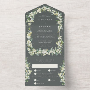 Graue grüne Snowberry+Eukalyptus Winter Wedding All In One Einladung