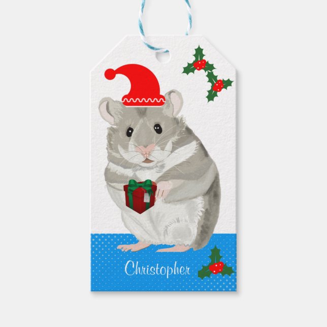 Graue Hamster-Jungen personalisiert Weihnachten Geschenkanhänger (Vorderseite)