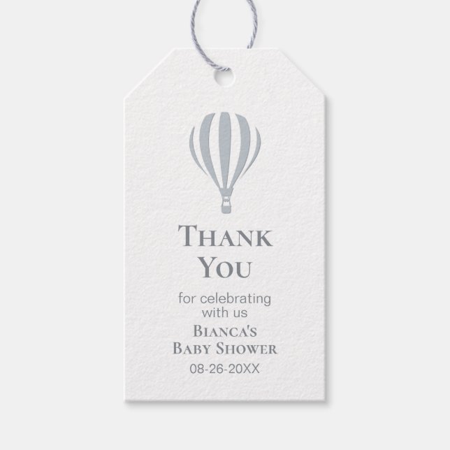 Graue Heißluftballon Babydusche Danke Geschenkanhänger (Vorderseite)