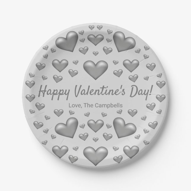 Graue Herzen Happy Valentine's Day & Custom Text Pappteller (Vorderseite)
