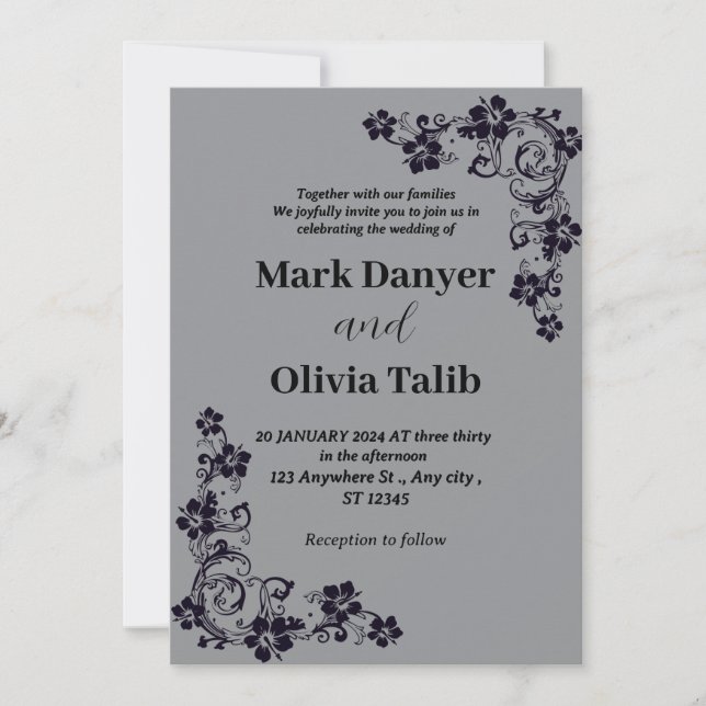 Graue Hochzeitseinladung / einfaches & romantische Einladung (Vorderseite)