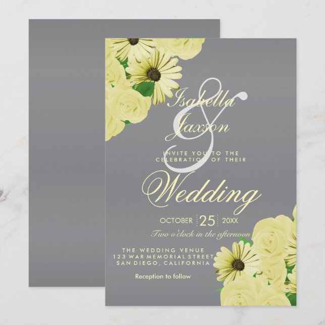 Graue Hochzeitssatin und pastellgelbe Hochzeit Einladung (Vorne/Hinten)
