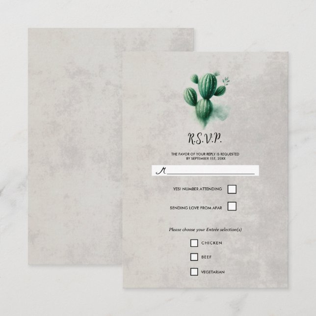 Graue Hochzeitsszene, grüne Kakteen RSVP Karte (Vorne/Hinten)