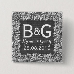 Graue Imitate Linen und weiße, florale Rahmen Button