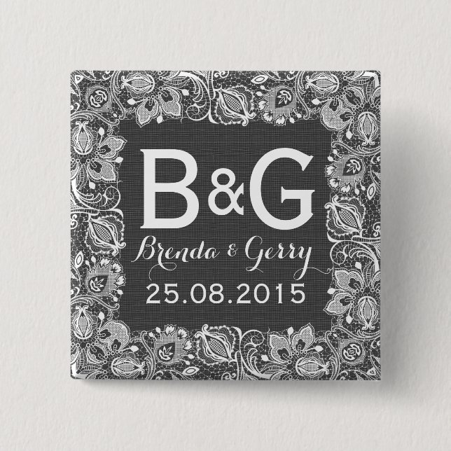 Graue Imitate Linen und weiße, florale Rahmen Button (Vorderseite)