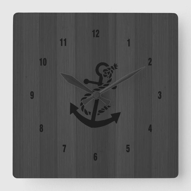 Graue Imitate Wood Planks Black Anchor Quadratische Wanduhr (Vorderseite)