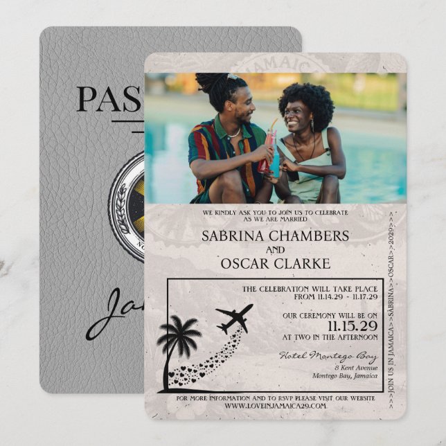Graue Jamaica Passport-Einladung zur Hochzeit Einladung (Vorne/Hinten)