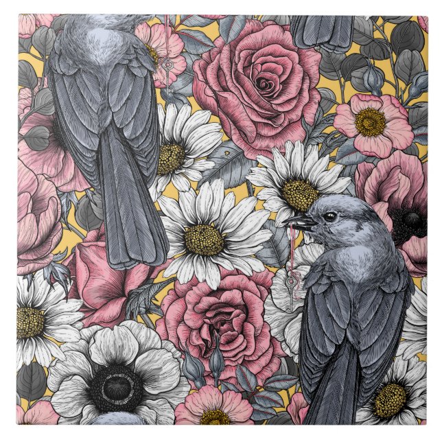 Graue Jay und Blume Fliese (Vorderseite)