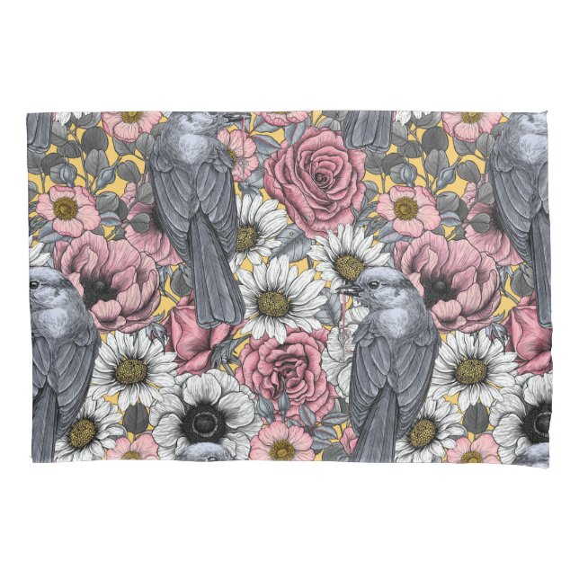Graue Jay und Blume Kissenbezug (Vorderseite)