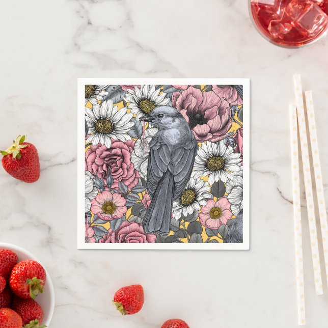 Graue Jay und Blume Serviette (Beispiel)