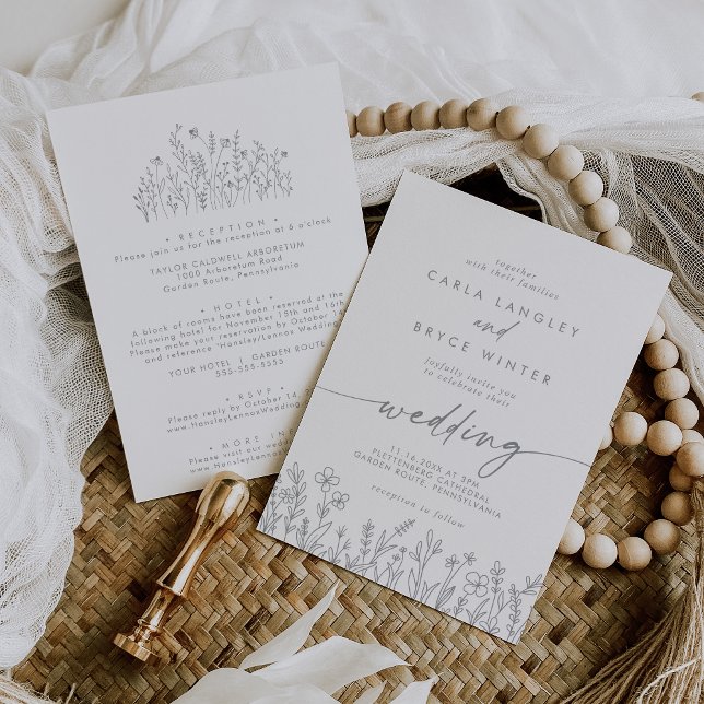 Graue Kalligrafie-Wildblumen-Hochzeit Vorder- und  Einladung (Von Creator hochgeladen)