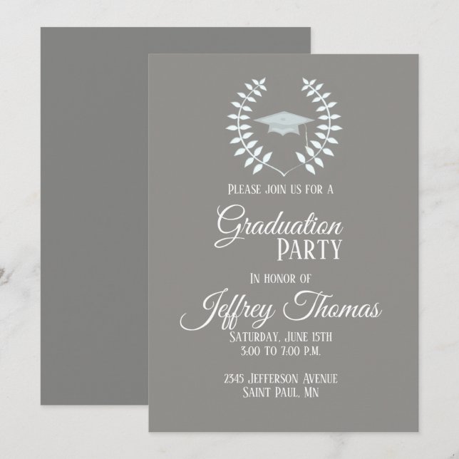 Graue Kappe und Blätter Grad Einladung 5" x 7" (Vorne/Hinten)