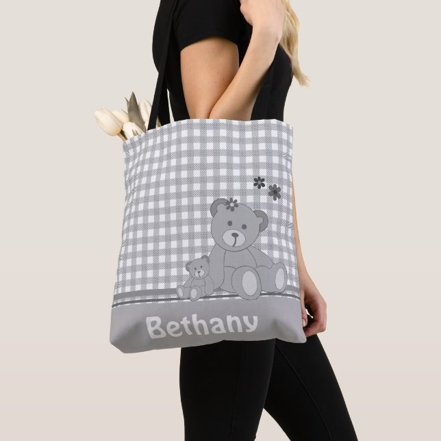 Graue Karierte und Niedliche Teddy Bären Personali Tasche (Von Nahem)