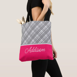 Graue, Karierte und rosa Stricktasche Tasche