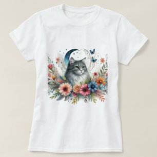 Graue Katze Blaue Blume Schmetterling T-Shirt