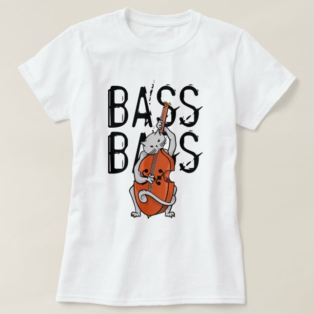 Graue Katze, die einen doppelten Bass oder einen a T-Shirt (Design vorne)