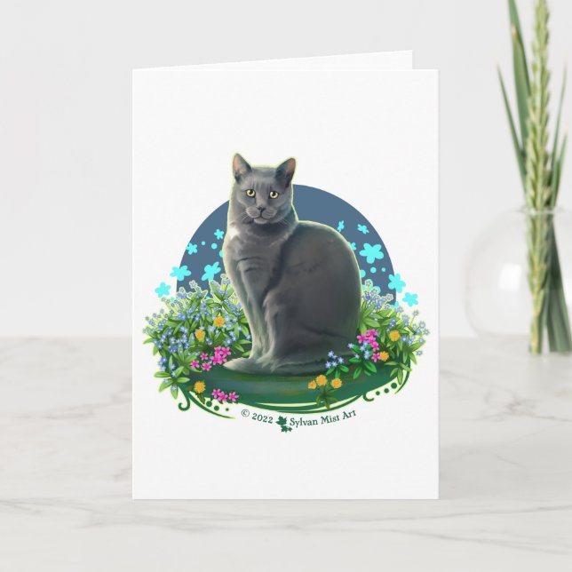 Graue Katze im Blumengarten Karte (Vorderseite)