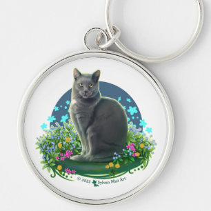 Graue Katze im Blumengarten Schlüsselanhänger