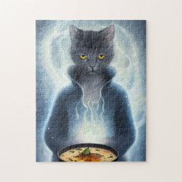 Graue Katze in blauer Esssuppe im Weltraum