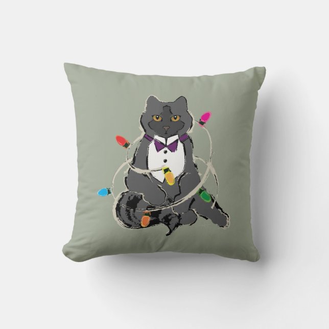 Graue Katze in den weihnachtlichen LIghts eingesch Kissen (Vorderseite)