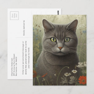 Graue Katze in einem Garten Postkarte
