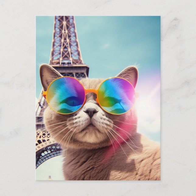 Graue Katze in einer Sonnenbrille in Paris Postkarte (Vorderseite)